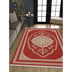 Pamuk Dokuma Taban Halı – Kırmızı; Bej – Oriental Desen, Makinede Yıkanabilir, Kolay Temizlenebilir, Toz Ve Tüy Tutmaz, Kaymaz, Evcil Hayvan Dostu 100x100 cm