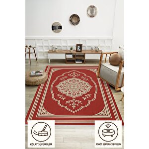 Pamuk Dokuma Taban Halı – Kırmızı; Bej – Oriental Desen, Makinede Yıkanabilir, Kolay Temizlenebilir, Toz Ve Tüy Tutmaz, Kaymaz, Evcil Hayvan Dostu