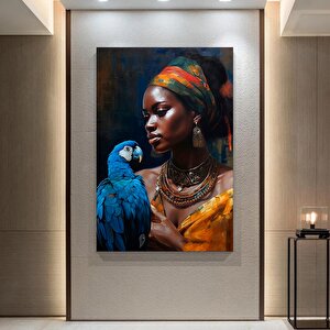 Afrikalı Kadın Ve Papağan Kanvas Tablosu, Doku Verilmiş Kanvas Baskı, Etnik Kadın Duvar Sanatı