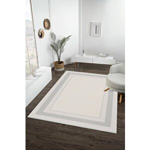 Pamuk Dokuma Taban Halı – Gri; Krem – Düz Renk Geometrik Desen, Makinede Yıkanabilir, Kolay Temizlenebilir, Toz Ve Tüy Tutmaz, Kaymaz, Evcil Hayvan Dostu