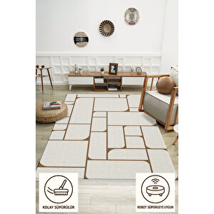 Pamuk Dokuma Taban Halı – Krem; Kahverengi – Geometrik Desen, Makinede Yıkanabilir, Kolay Temizlenebilir, Toz Ve Tüy Tutmaz, Kaymaz, Evcil Hayvan Dostu