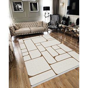 Pamuk Dokuma Taban Halı – Krem; Kahverengi – Geometrik Desen, Makinede Yıkanabilir, Kolay Temizlenebilir, Toz Ve Tüy Tutmaz, Kaymaz, Evcil Hayvan Dostu