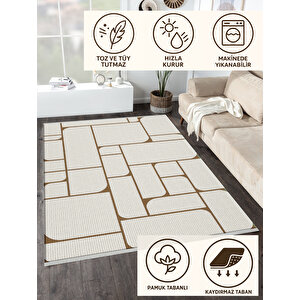 Pamuk Dokuma Taban Halı – Krem; Kahverengi – Geometrik Desen, Makinede Yıkanabilir, Kolay Temizlenebilir, Toz Ve Tüy Tutmaz, Kaymaz, Evcil Hayvan Dostu