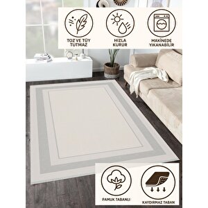 Pamuk Dokuma Taban Halı – Gri; Krem – Düz Renk Geometrik Desen, Makinede Yıkanabilir, Kolay Temizlenebilir, Toz Ve Tüy Tutmaz, Kaymaz, Evcil Hayvan Dostu 200x220 cm