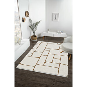Pamuk Dokuma Taban Halı – Krem; Kahverengi – Geometrik Desen, Makinede Yıkanabilir, Kolay Temizlenebilir, Toz Ve Tüy Tutmaz, Kaymaz, Evcil Hayvan Dostu 160x230 cm