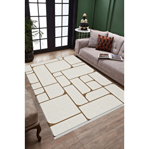 Pamuk Dokuma Taban Halı – Krem; Kahverengi – Geometrik Desen, Makinede Yıkanabilir, Kolay Temizlenebilir, Toz Ve Tüy Tutmaz, Kaymaz, Evcil Hayvan Dostu 200x220 cm