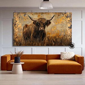 Çayırda Highland İneği Kanvas Baskı; Koyu Kahverengi Çiftlik Tarzı Duvar Sanatı; İskoç Sığırları; Ru 80x160 cm