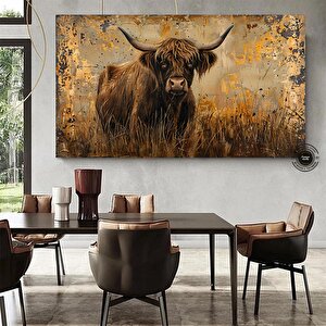 Çayırda Highland İneği Kanvas Baskı; Koyu Kahverengi Çiftlik Tarzı Duvar Sanatı; İskoç Sığırları; Ru 40x80 cm