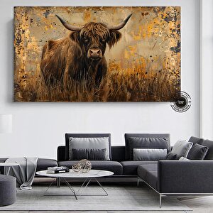 Çayırda Highland İneği Kanvas Baskı; Koyu Kahverengi Çiftlik Tarzı Duvar Sanatı; İskoç Sığırları; Ru