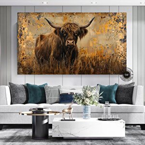 Çayırda Highland İneği Kanvas Baskı; Koyu Kahverengi Çiftlik Tarzı Duvar Sanatı; İskoç Sığırları; Ru