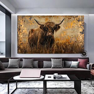 Çayırda Highland İneği Kanvas Baskı; Koyu Kahverengi Çiftlik Tarzı Duvar Sanatı; İskoç Sığırları; Ru 100x200 cm