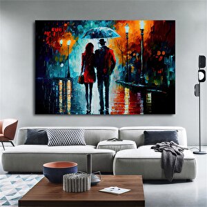 Aşk Kanvas Tablosu; Sarılan Çiftler; Şemsiye Altında Aşk; Romantik Duvar Sanatı 80x160 cm