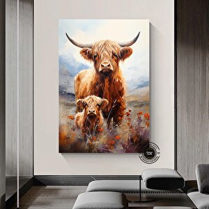 Özel Kanvas; Highland İneği; Çiftlik Tarzı Kanvas Hediye; İnek Duvar Dekoru; Büyük Boy Duvar Sanatı; 80x160 cm