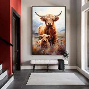 Özel Kanvas; Highland İneği; Çiftlik Tarzı Kanvas Hediye; İnek Duvar Dekoru; Büyük Boy Duvar Sanatı; 80x160 cm