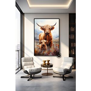 Özel Kanvas; Highland İneği; Çiftlik Tarzı Kanvas Hediye; İnek Duvar Dekoru; Büyük Boy Duvar Sanatı; 80x160 cm