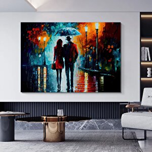 Aşk Kanvas Tablosu; Sarılan Çiftler; Şemsiye Altında Aşk; Romantik Duvar Sanatı 70x100 cm