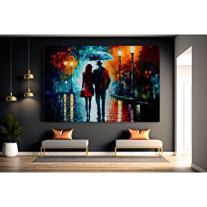 Aşk Kanvas Tablosu; Sarılan Çiftler; Şemsiye Altında Aşk; Romantik Duvar Sanatı 70x100 cm