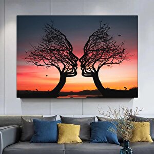 Ağaç Çifti Kanvası, Doğa Ve Aşk Temalı Çift Kanvas Tablosu 90x180 cm