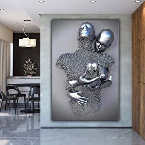 Gri Aşk Kalbi Kanvas Baskı; Sarılan Çiftler 3d Gümüş Efekt; Soyut Metal Figür Heykeli; Metalik 3d Du