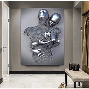 Gri Aşk Kalbi Kanvas Baskı; Sarılan Çiftler 3d Gümüş Efekt; Soyut Metal Figür Heykeli; Metalik 3d Du