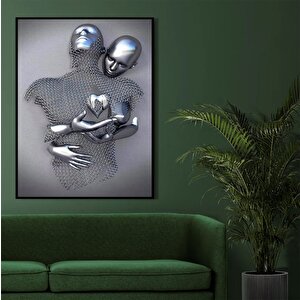 Gri Aşk Kalbi Kanvas Baskı; Sarılan Çiftler 3d Gümüş Efekt; Soyut Metal Figür Heykeli; Metalik 3d Du