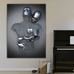 Gri Aşk Kalbi Kanvas Baskı; Sarılan Çiftler 3d Gümüş Efekt; Soyut Metal Figür Heykeli; Metalik 3d Du