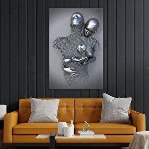 Gri Aşk Kalbi Kanvas Baskı; Sarılan Çiftler 3d Gümüş Efekt; Soyut Metal Figür Heykeli; Metalik 3d Du