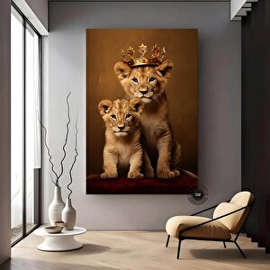 Kraliyet Aslan Ailesi Kanvas Tablosu – Altın Taçlı Aslanlar, Zarif Vahşi Yaşam Sanatı
