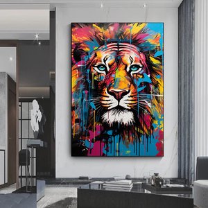 Soyut Graffiti Aslan Tablosu; Sokak Hayvan Sanatı; Renkli Duvar Dekoru 100x150 cm