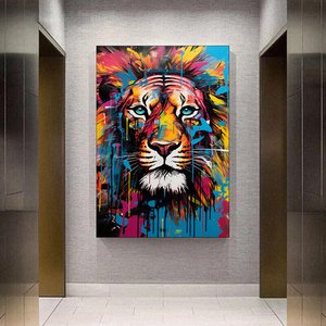 Soyut Graffiti Aslan Tablosu; Sokak Hayvan Sanatı; Renkli Duvar Dekoru 100x150 cm