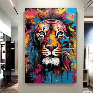 Soyut Graffiti Aslan Tablosu; Sokak Hayvan Sanatı; Renkli Duvar Dekoru 100x150 cm
