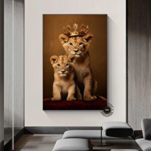 Kraliyet Aslan Ailesi Kanvas Tablosu – Altın Taçlı Aslanlar, Zarif Vahşi Yaşam Sanatı 50x70 cm