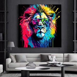 Aslan Kanvas Baskı, Grafiti Sanatı Aslan, Kanvas Aslan Dekoru, Renkli Aslan Kanvası 120x120 cm