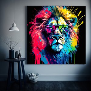 Aslan Kanvas Baskı, Grafiti Sanatı Aslan, Kanvas Aslan Dekoru, Renkli Aslan Kanvası 120x120 cm