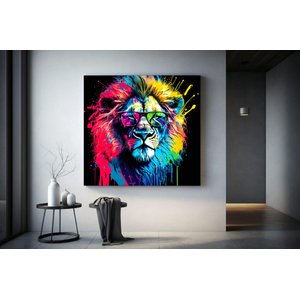 Aslan Kanvas Baskı, Grafiti Sanatı Aslan, Kanvas Aslan Dekoru, Renkli Aslan Kanvası 120x120 cm