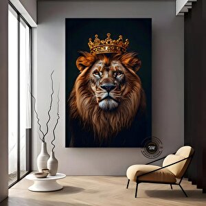 Taçlı Aslan Kral Duvar Sanatı, Siyah-altın Soyut Aslan Tablosu, Ekstra Büyük Kanvas