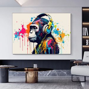 Soyut Graffiti Maymun; Komik Gorilla Duvar Sanatı; Renkli Şempanze Kanvas Décor 80x120 cm