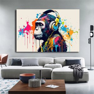 Soyut Graffiti Maymun; Komik Gorilla Duvar Sanatı; Renkli Şempanze Kanvas Décor 80x120 cm