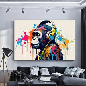 Soyut Graffiti Maymun; Komik Gorilla Duvar Sanatı; Renkli Şempanze Kanvas Décor 80x120 cm