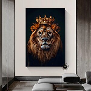 Taçlı Aslan Kral Duvar Sanatı, Siyah-altın Soyut Aslan Tablosu, Ekstra Büyük Kanvas 60x120 cm