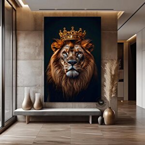 Taçlı Aslan Kral Duvar Sanatı, Siyah-altın Soyut Aslan Tablosu, Ekstra Büyük Kanvas 90x150 cm