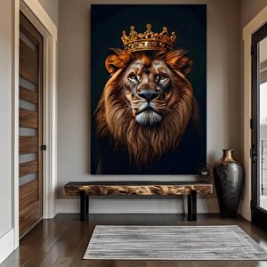 Taçlı Aslan Kral Duvar Sanatı, Siyah-altın Soyut Aslan Tablosu, Ekstra Büyük Kanvas 90x150 cm