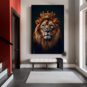 Taçlı Aslan Kral Duvar Sanatı, Siyah-altın Soyut Aslan Tablosu, Ekstra Büyük Kanvas
