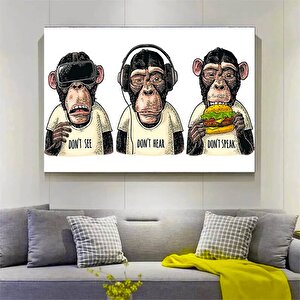 3 Maymun Kanvas Sanatı, 3 Düşünen Maymun, Maymun Kanvası, Bilge Maymun, Hayvan Duvar Sanatı 60x120 cm