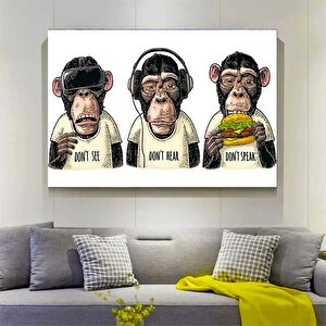 3 Maymun Kanvas Sanatı, 3 Düşünen Maymun, Maymun Kanvası, Bilge Maymun, Hayvan Duvar Sanatı 20x30 cm