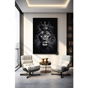 Taçlı Aslan Kanvas Sanatı | Modern Aslan Duvar Tablosu | Siyah-beyaz Aslan | Büyük İç Mekan Dekoru 50x70 cm