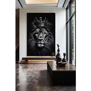 Taçlı Aslan Kanvas Sanatı | Modern Aslan Duvar Tablosu | Siyah-beyaz Aslan | Büyük İç Mekan Dekoru