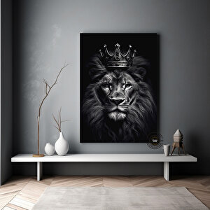 Taçlı Aslan Kanvas Sanatı | Modern Aslan Duvar Tablosu | Siyah-beyaz Aslan | Büyük İç Mekan Dekoru
