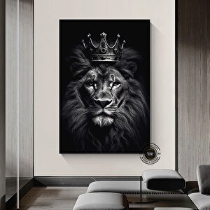 Taçlı Aslan Kanvas Sanatı | Modern Aslan Duvar Tablosu | Siyah-beyaz Aslan | Büyük İç Mekan Dekoru 150x290 cm