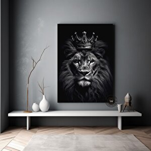 Taçlı Aslan Kanvas Sanatı | Modern Aslan Duvar Tablosu | Siyah-beyaz Aslan | Büyük İç Mekan Dekoru